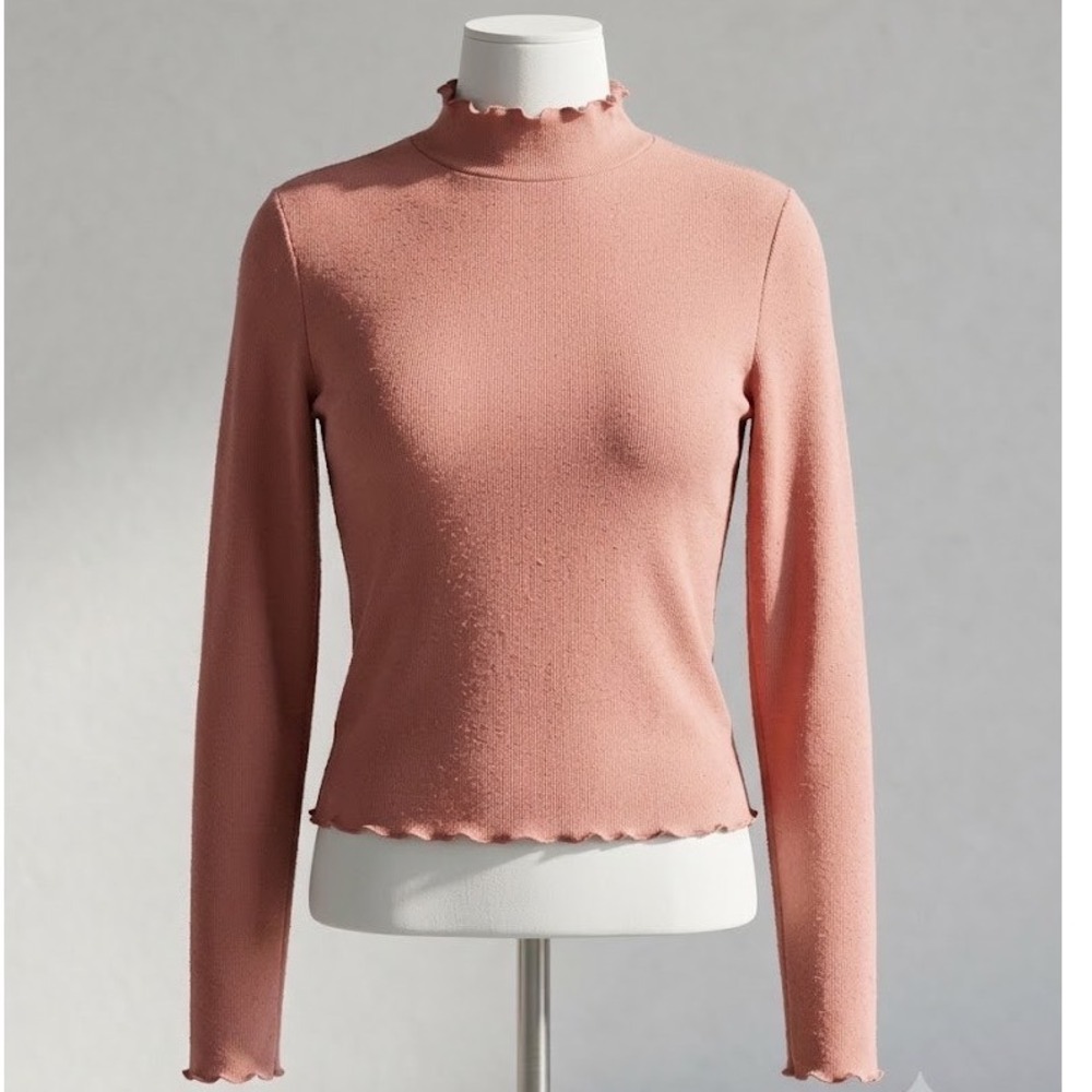 Forever 21 Womens Mock Neck Lettuce Edge Rose Pink Ribbed Top Size M